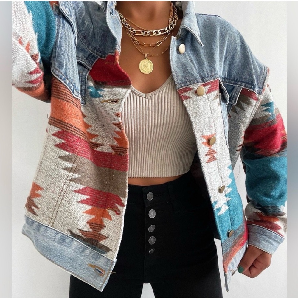 Boho Aztec Patchwork Denim Jacket - image 2